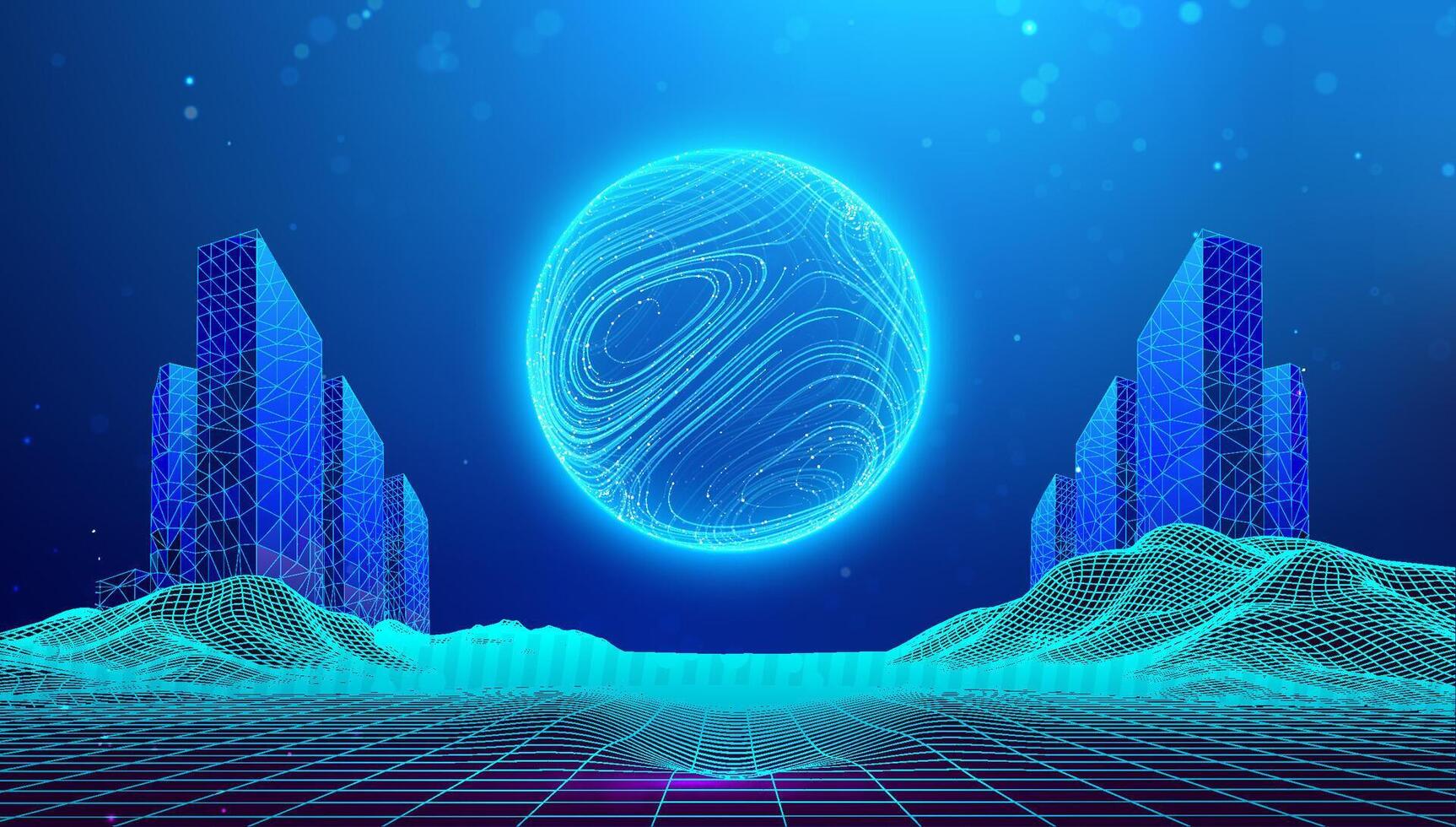 Metaverse city building future tech neon background. Smart technology abstract cyberpunk skyline with 3D hologram grid perspective. Virtual VR network for digital urban innovation. vector