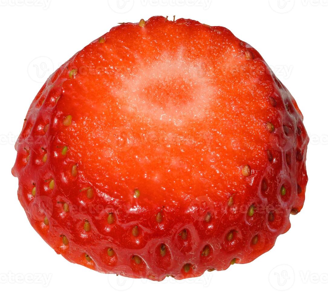 Round piece of ripe red strawberry on isolated background photo