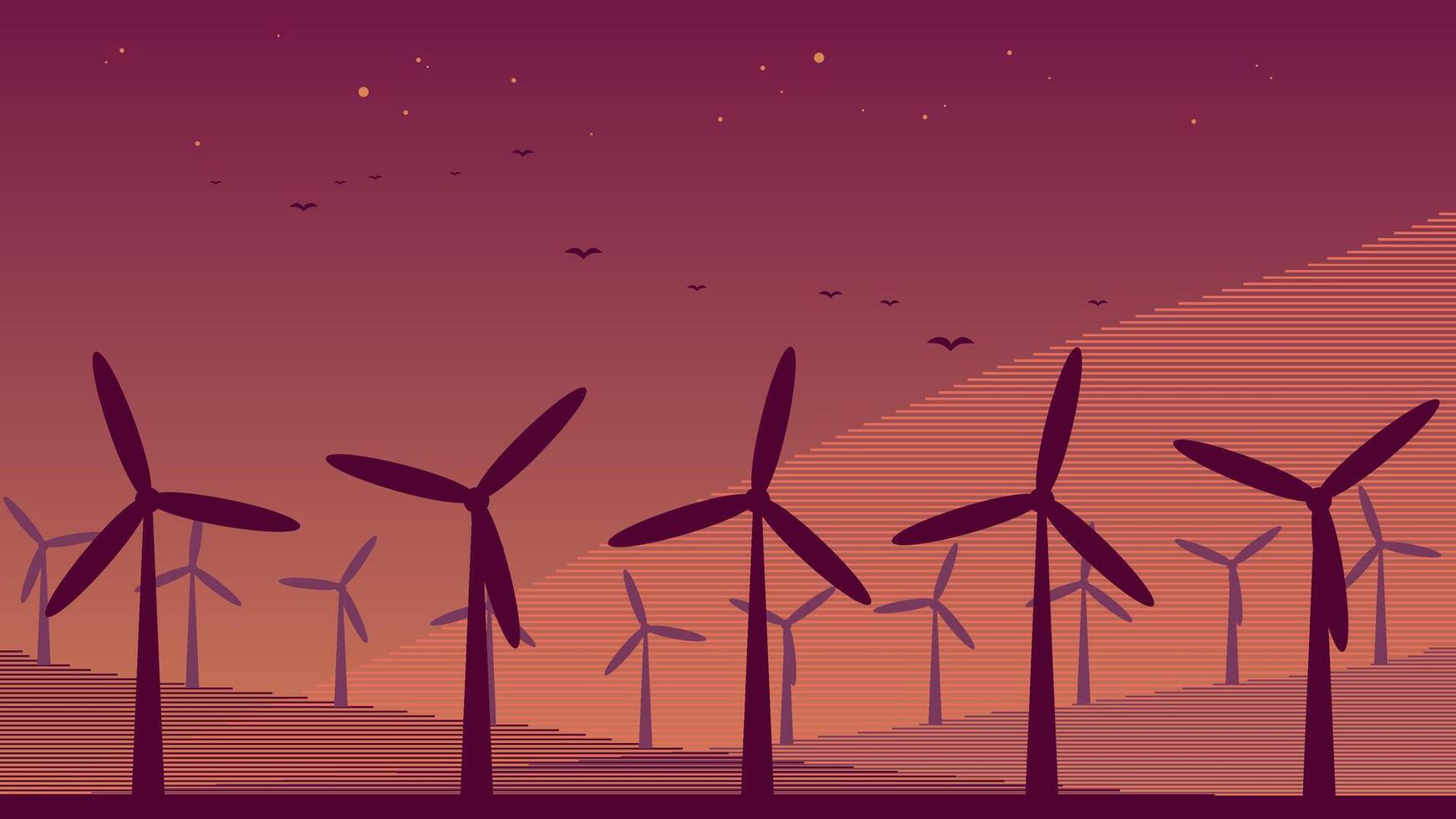 Sunset landscape with wind turbines. Wind energy vector