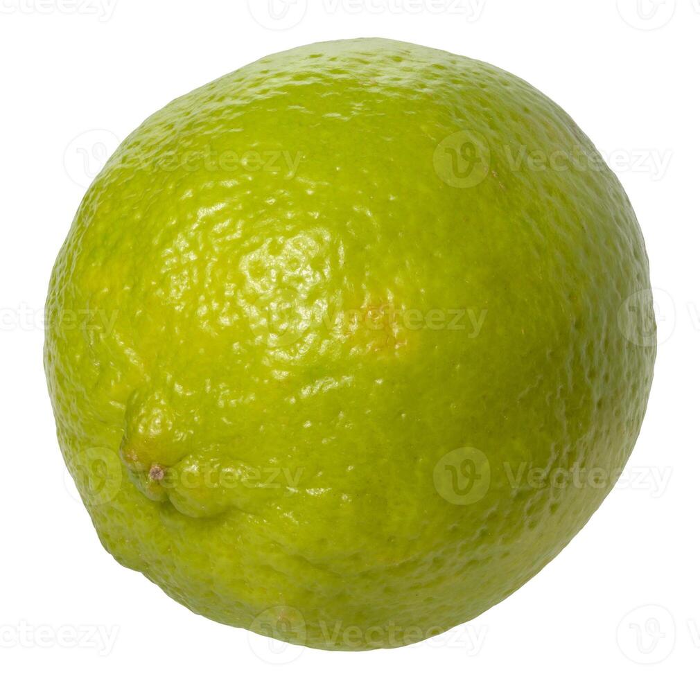 A single, vibrant green lime with a slightly textured skin, isolated background photo