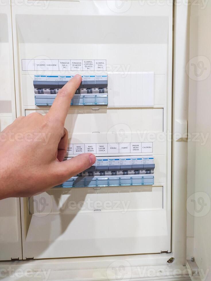 Hand reaching towards a circuit breaker box. Concept for power, safety, home maintenance, electrical issues, or energy saving. Symbolizes control and responsibility. photo