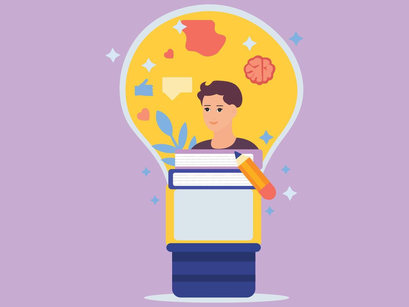 Flat Style illustration a person inside a light bulb with books, symbols, and thoughts representing imagination, learning, and innovation. vector