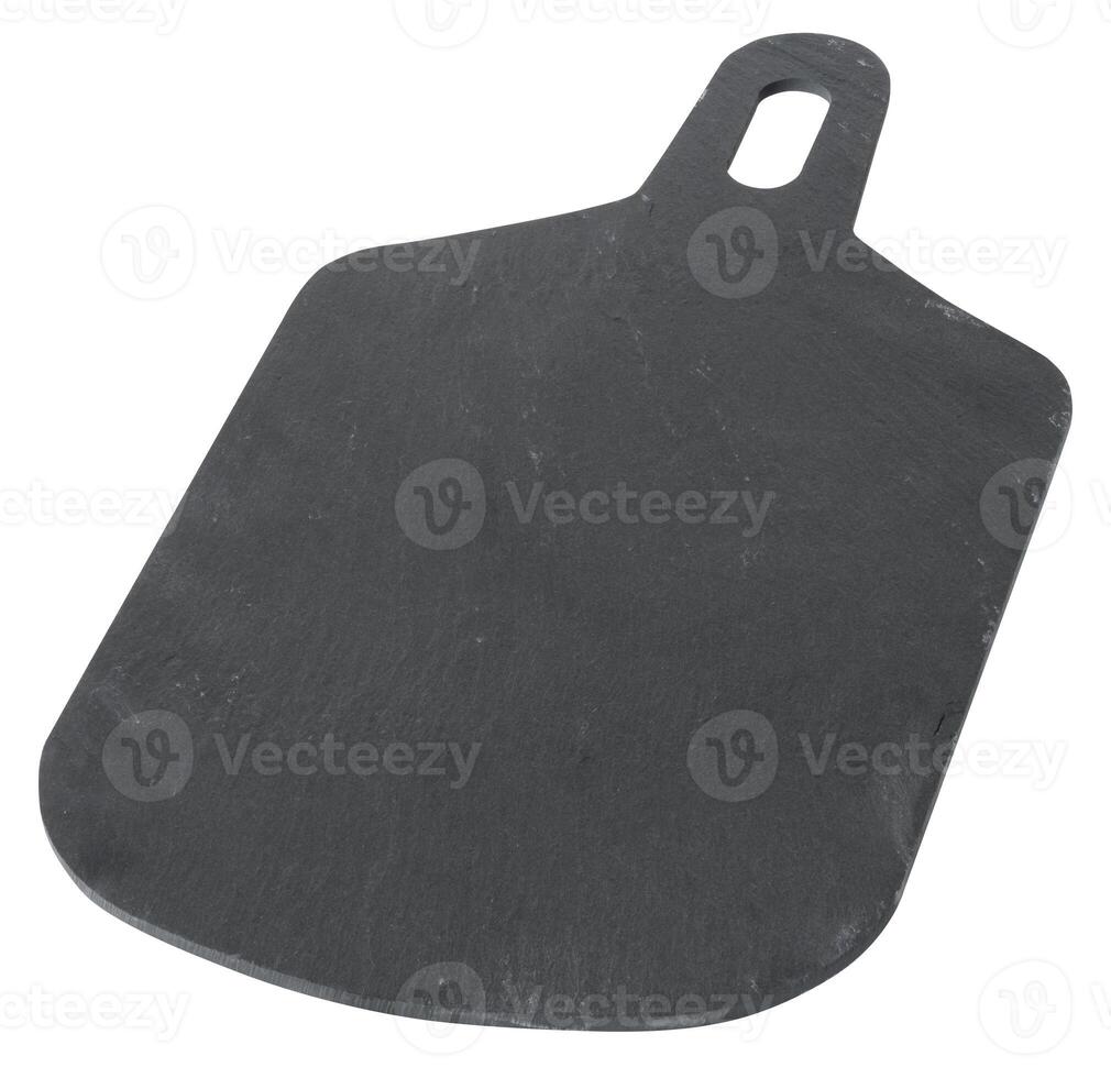 Rectangular black slate board with rounded corners and a handle with a hole is isolated on a white background photo