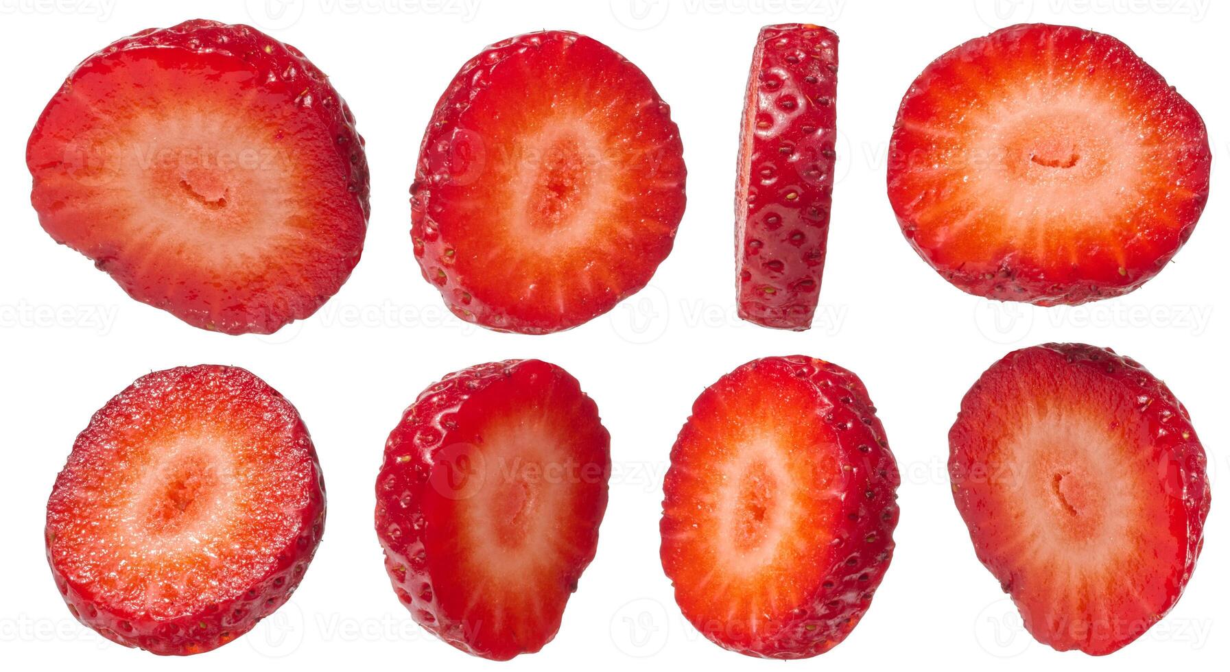 Set vibrant red strawberry slices, showcasing different angles and thicknesses, isolated background. photo