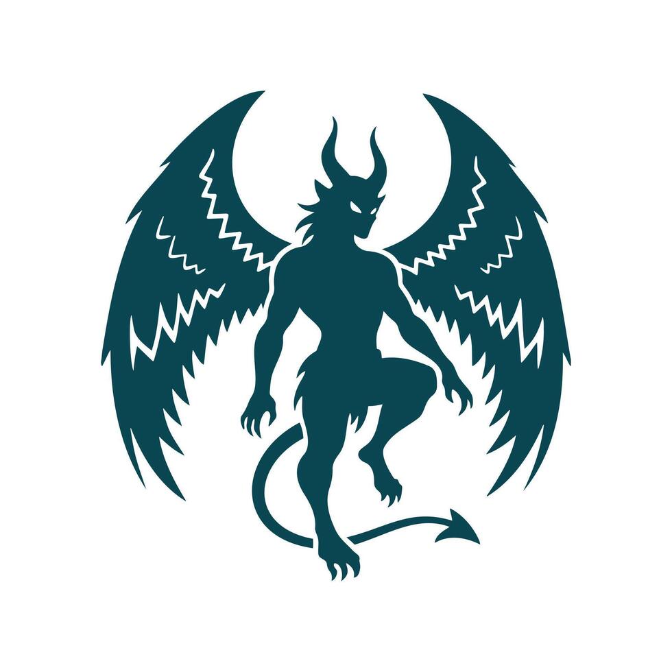 Demon Devil Evil Monster Silhouette, Dark Mythological illuminate Horror Creature Silhouette with Wings and Tail vector