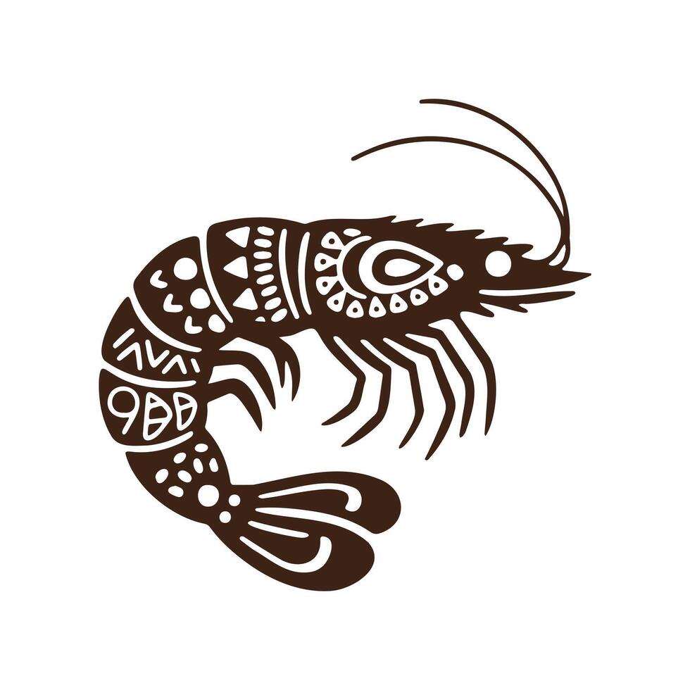 Shrimp Tribal Tattoo Silhouette, Decorative Tribal Shrimp, Prawn, Lobster Illustration with Intricate Pattern Design vector