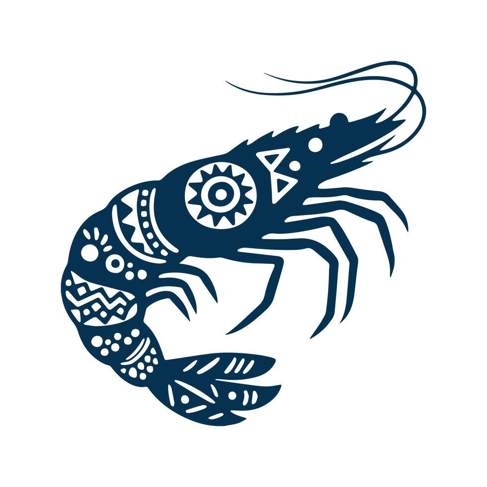 Shrimp Tribal Tattoo Silhouette, Decorative Tribal Shrimp, Prawn, Lobster Illustration with Intricate Patterns vector