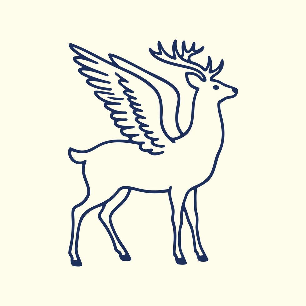 Flying Deer Line Art Silhouette Icon, Majestic Elegant Deer with Wings Illustration Fantasy and Mythological Themes vector