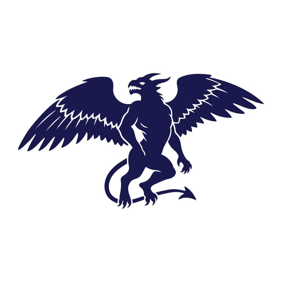 Devil Demon Monster Evil Silhouette, Dark Mythological illuminate Horror Creature with Wings and Tail vector