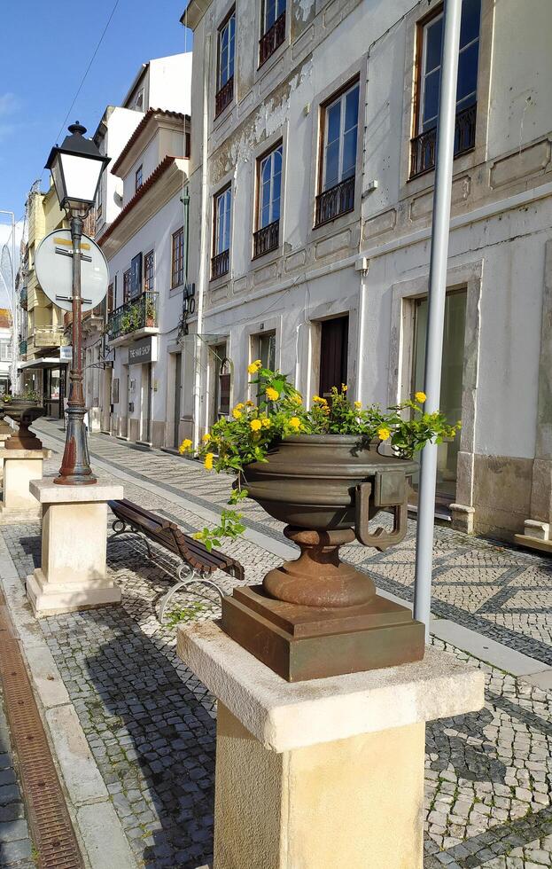 ALCOBACA, PORTUGAL - NOVEMBER 23, 2022 Cobblestone street scene features flowerpots, lamp posts, and classic architecture. Ideal for travel, culture, or lifestyle content. photo