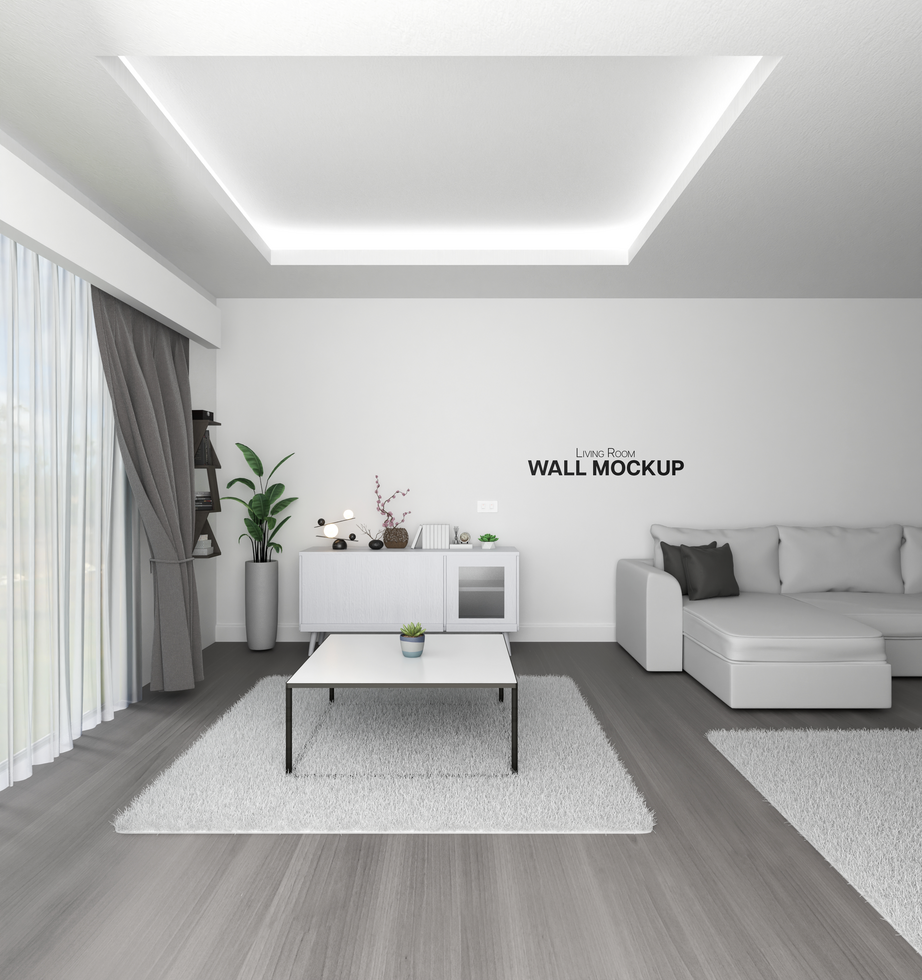 Minimalist white grey living room interior wall design mockup psd