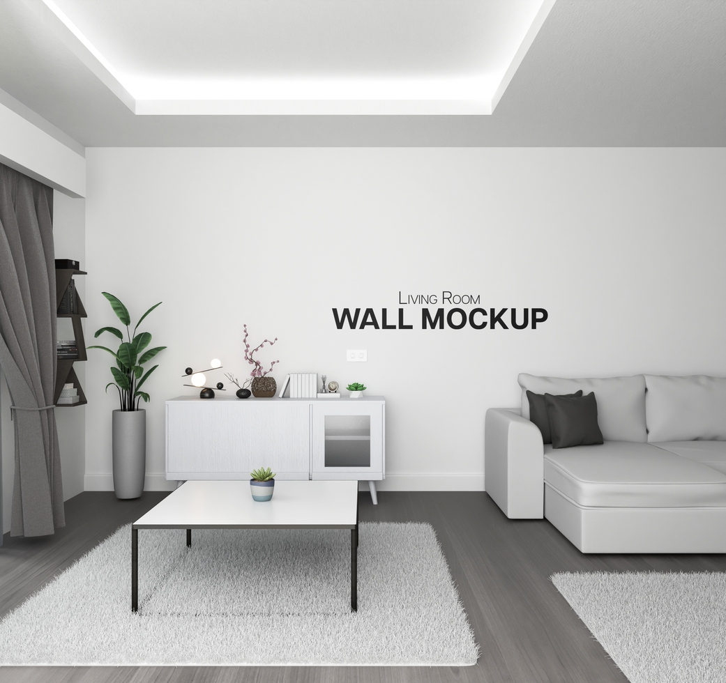 Minimalist white grey living room interior wall design mockup front view psd