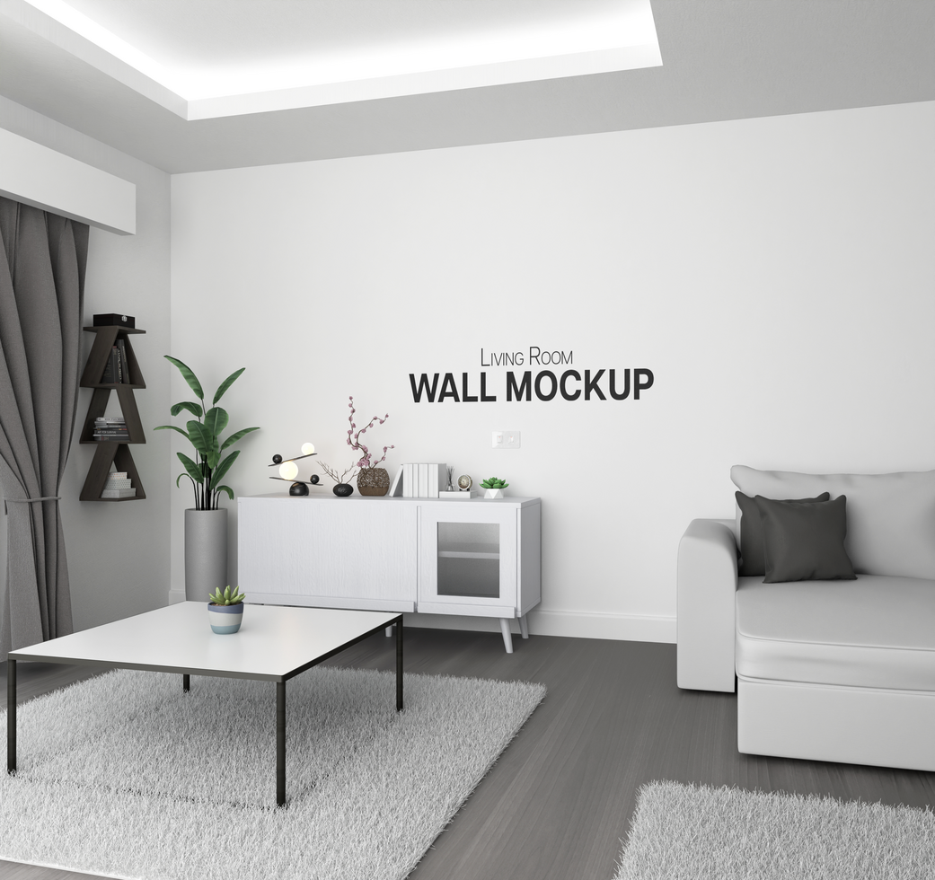 Minimalist white grey living room interior wall design mockup right side view psd