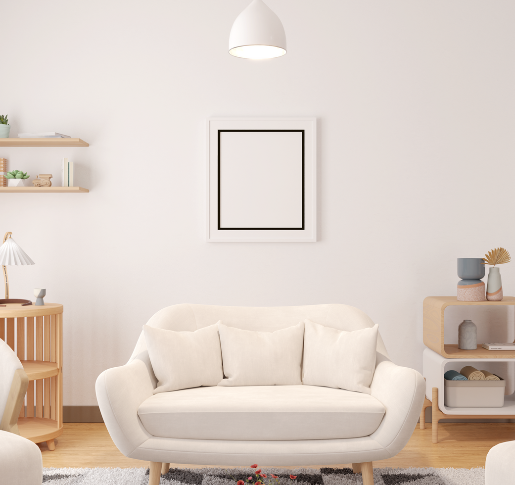 wooden wall frame mockup on living room zoom in view psd