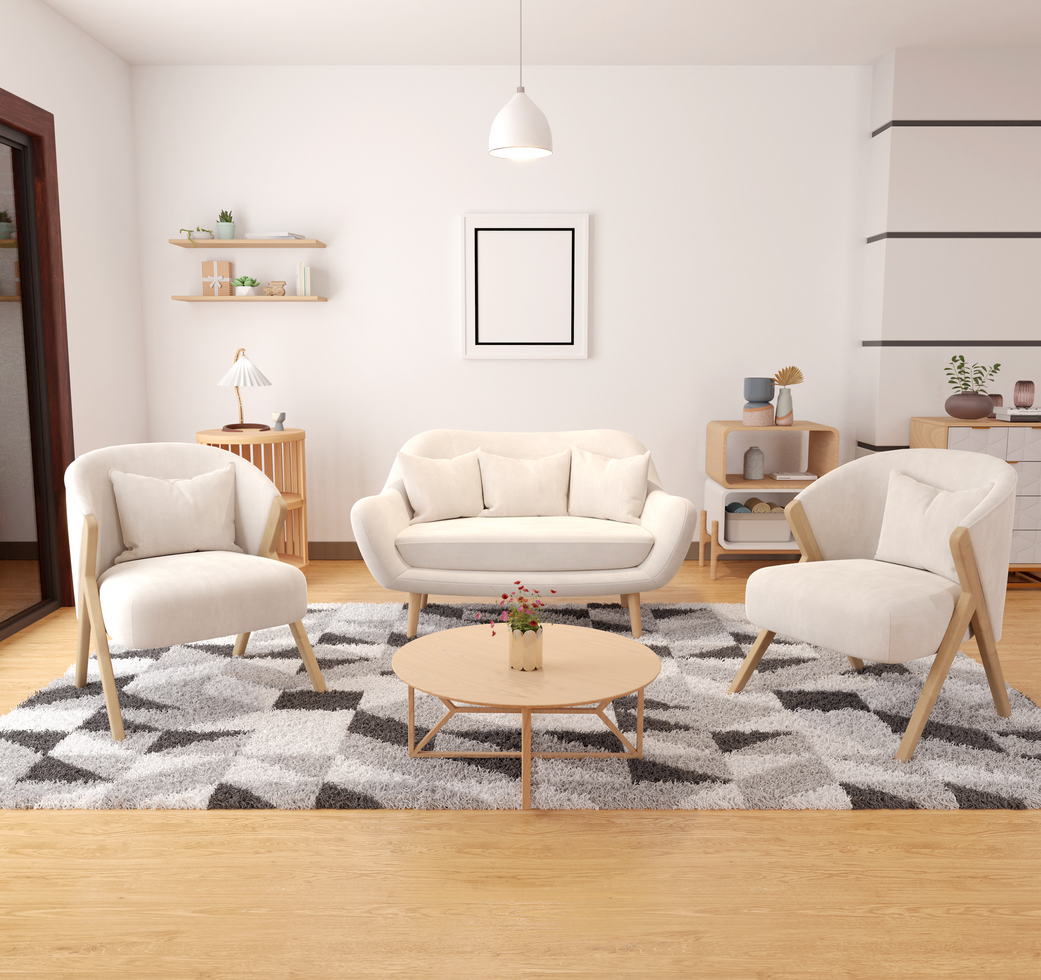 wooden wall frame mockup on living room zoom out view psd