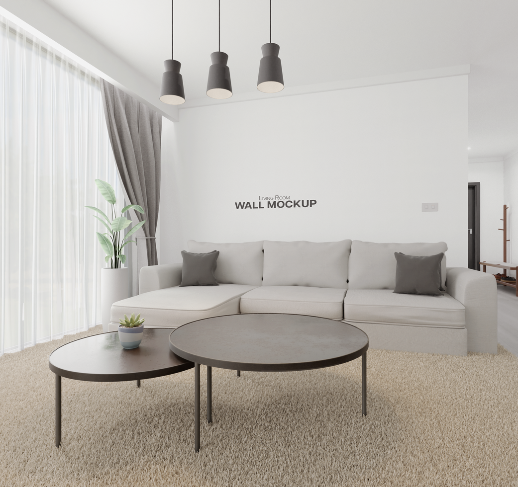 Minimalist elegant grey white living room interior wall mockup zoom in view psd