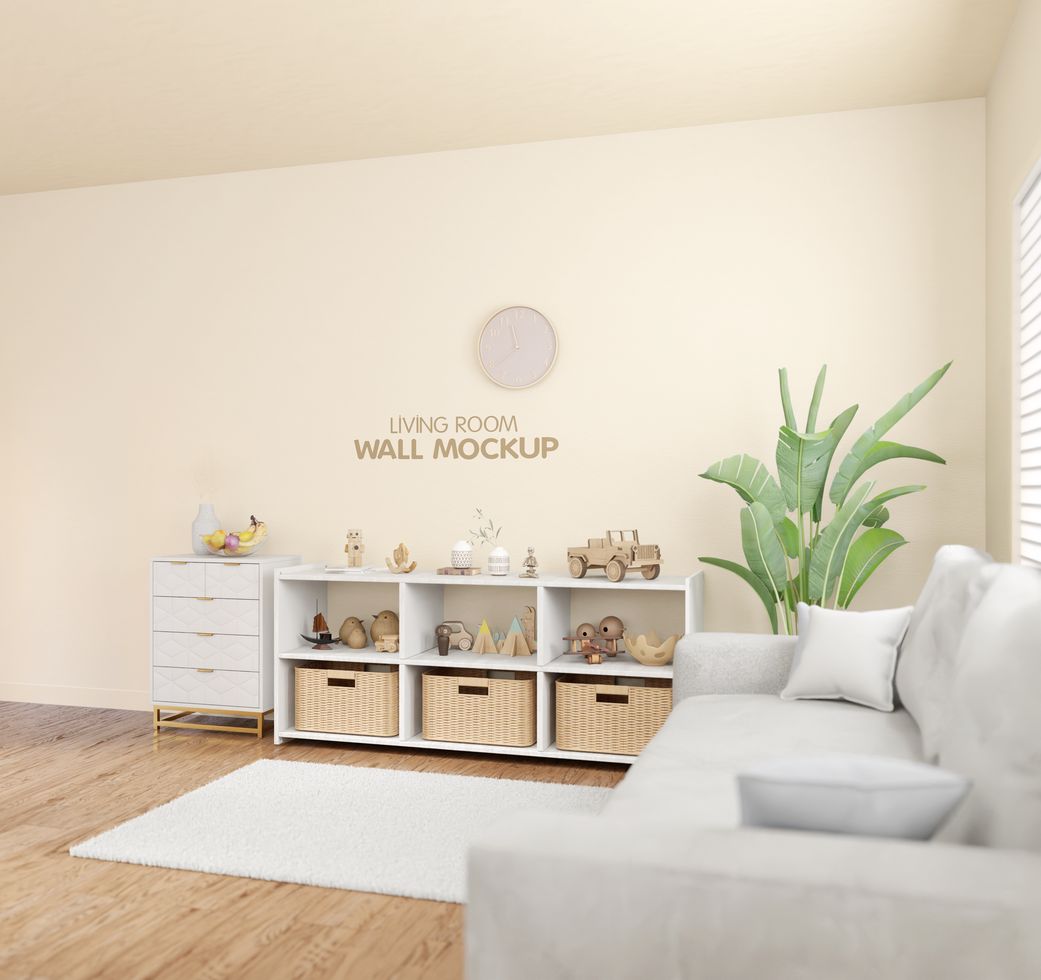 Minimalist living room interior wall mockup right side view psd