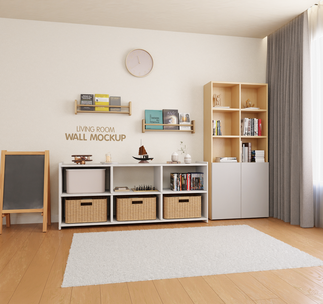 Kids playroom interior wall design mockup left side view psd