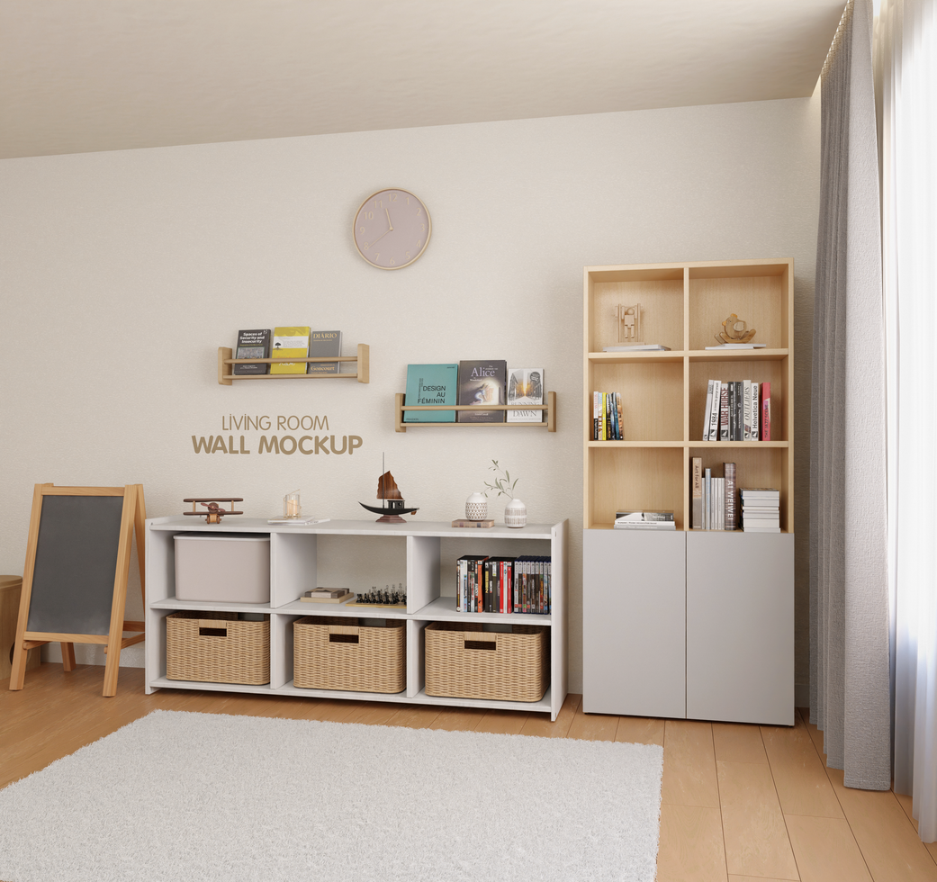 Kids playroom interior wall design mockup right side view psd