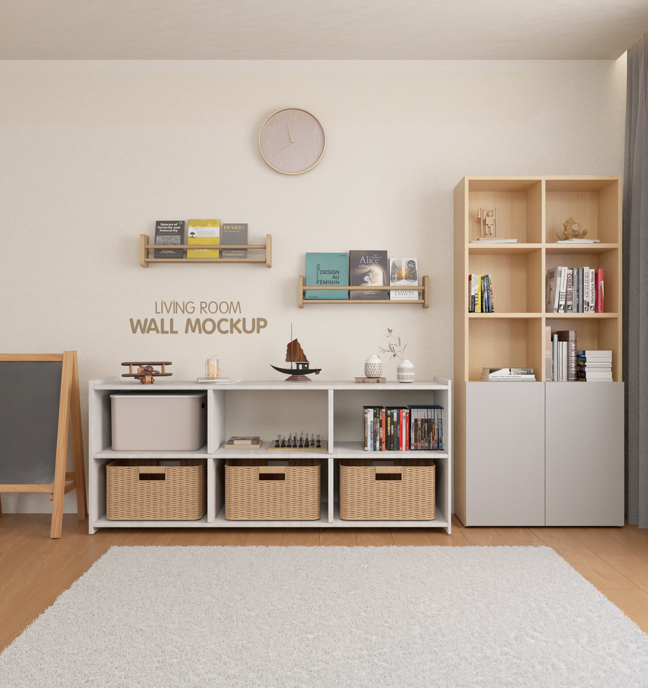 Kids playroom interior wall design mockup zoom in view psd