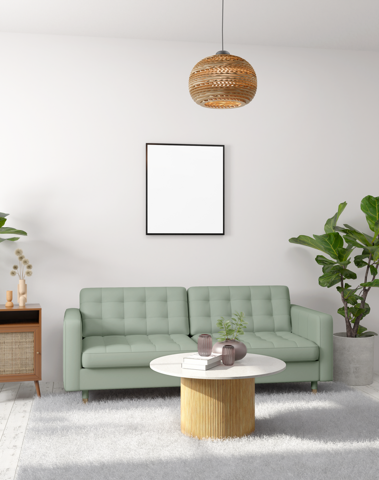 Photo frame mockup on living room wall left view psd