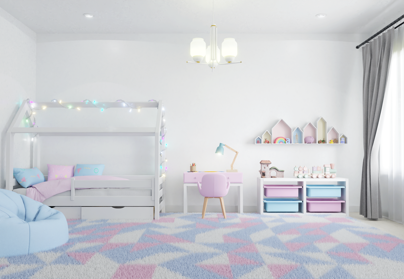 Colorful interior kid's bedroom wall mockup front view psd