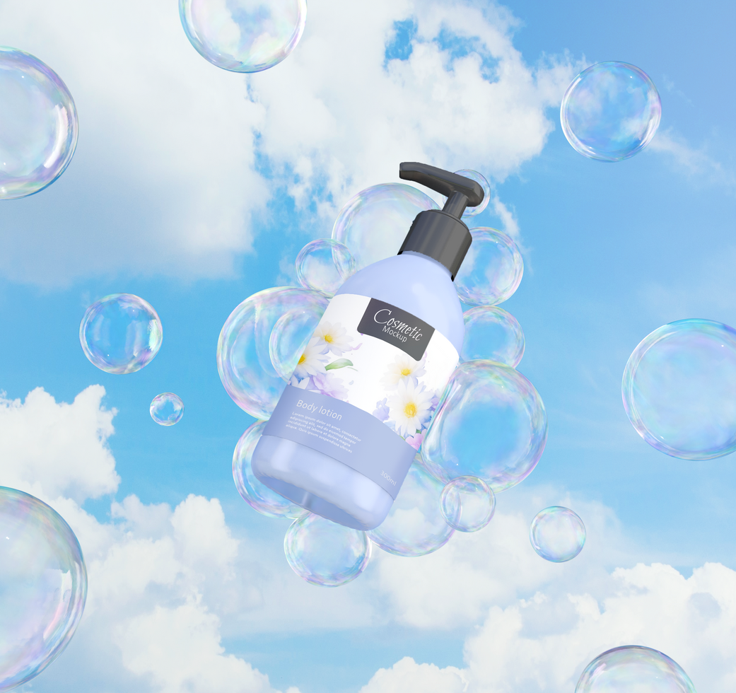 Realistic skincare pump bottle mockup with bubbles and sky background psd