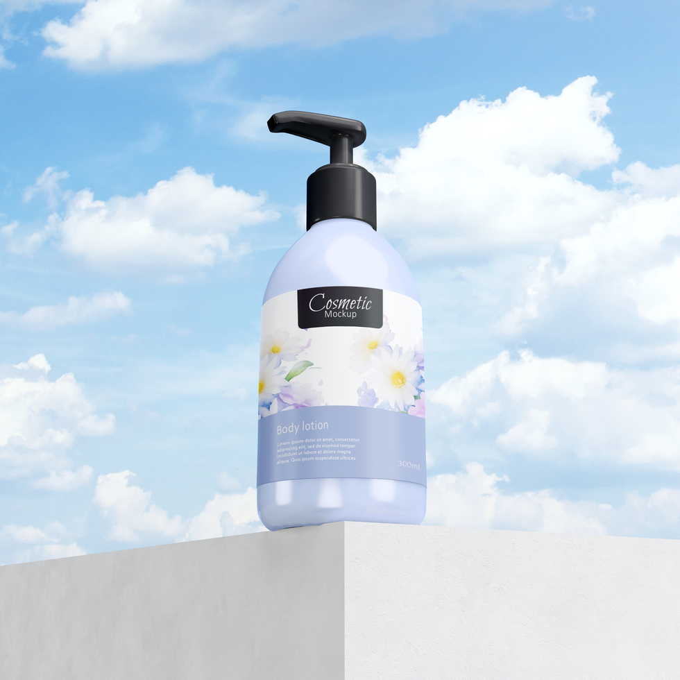 Realistic skincare bottle mockup with sky background psd