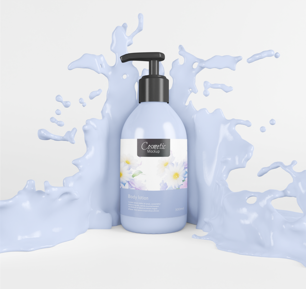 Realistic floating skincare pump bottle mockup with bubble and splash psd