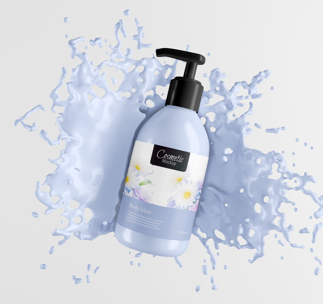 Realistic floating skincare pump bottle mockup with splash psd