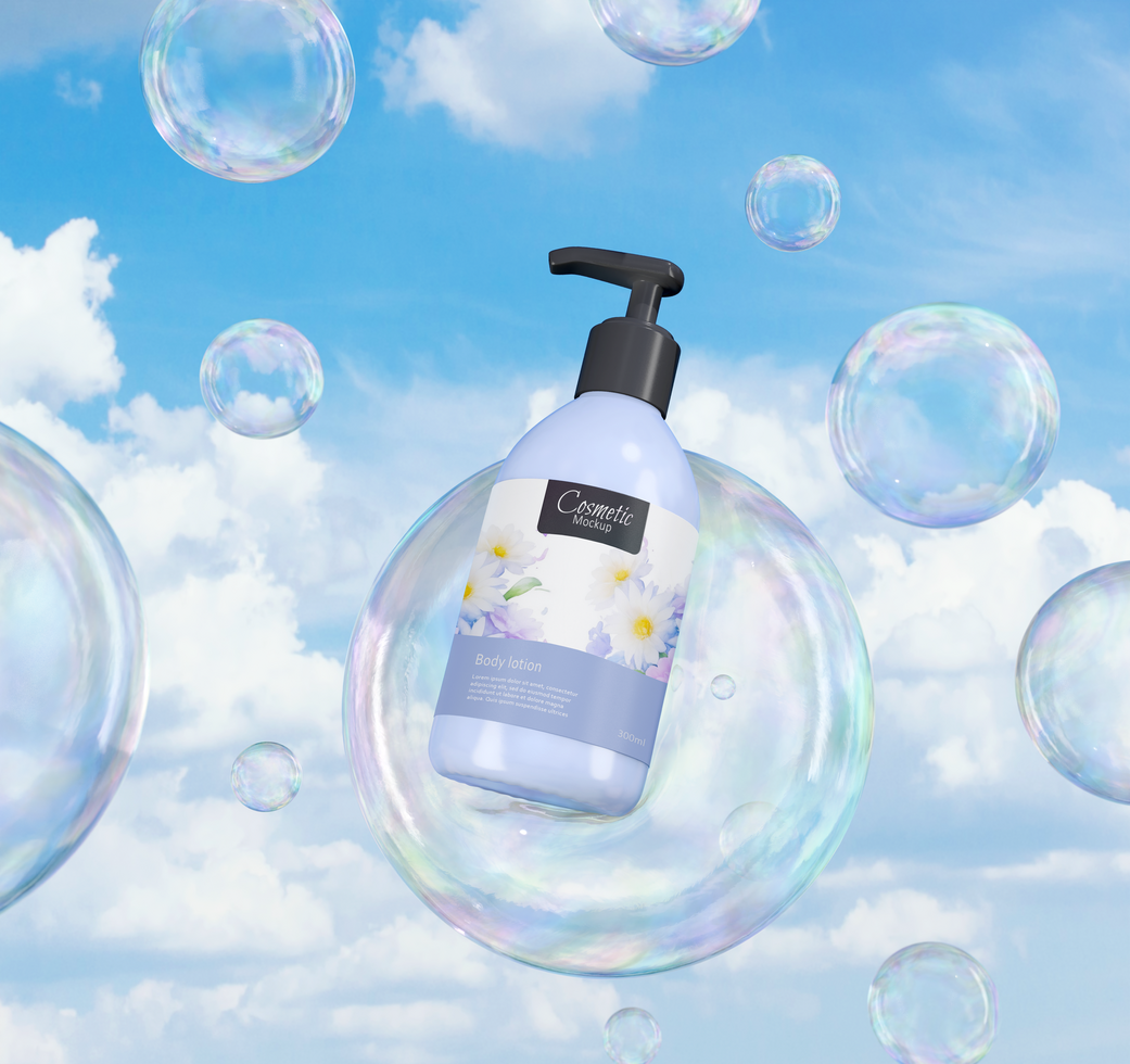 Realistic floating skincare pump bottle mockup with bubble and sky background psd