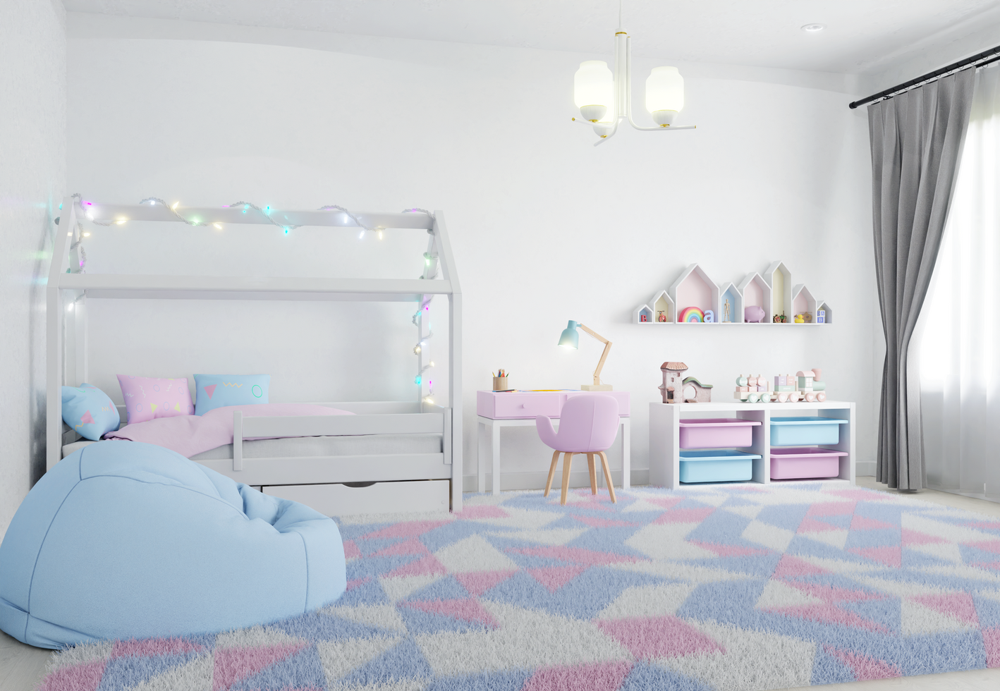 Colorful interior kid's bedroom wall mockup left side view psd