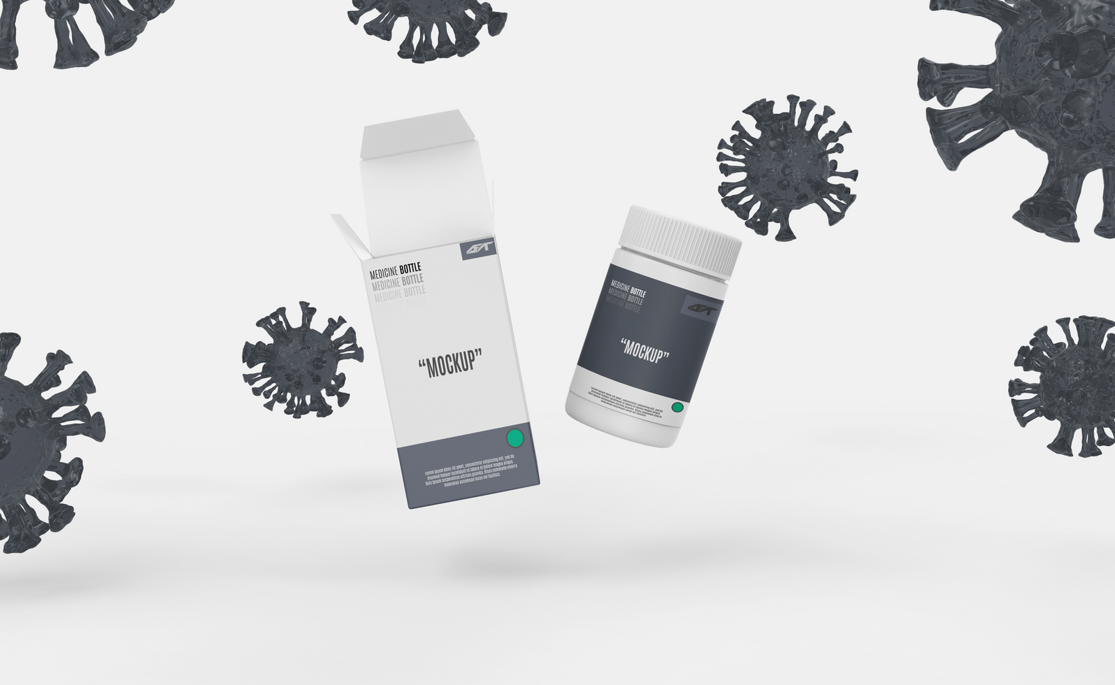 Floating plastic medicine bottle with opened box and virus mockup psd