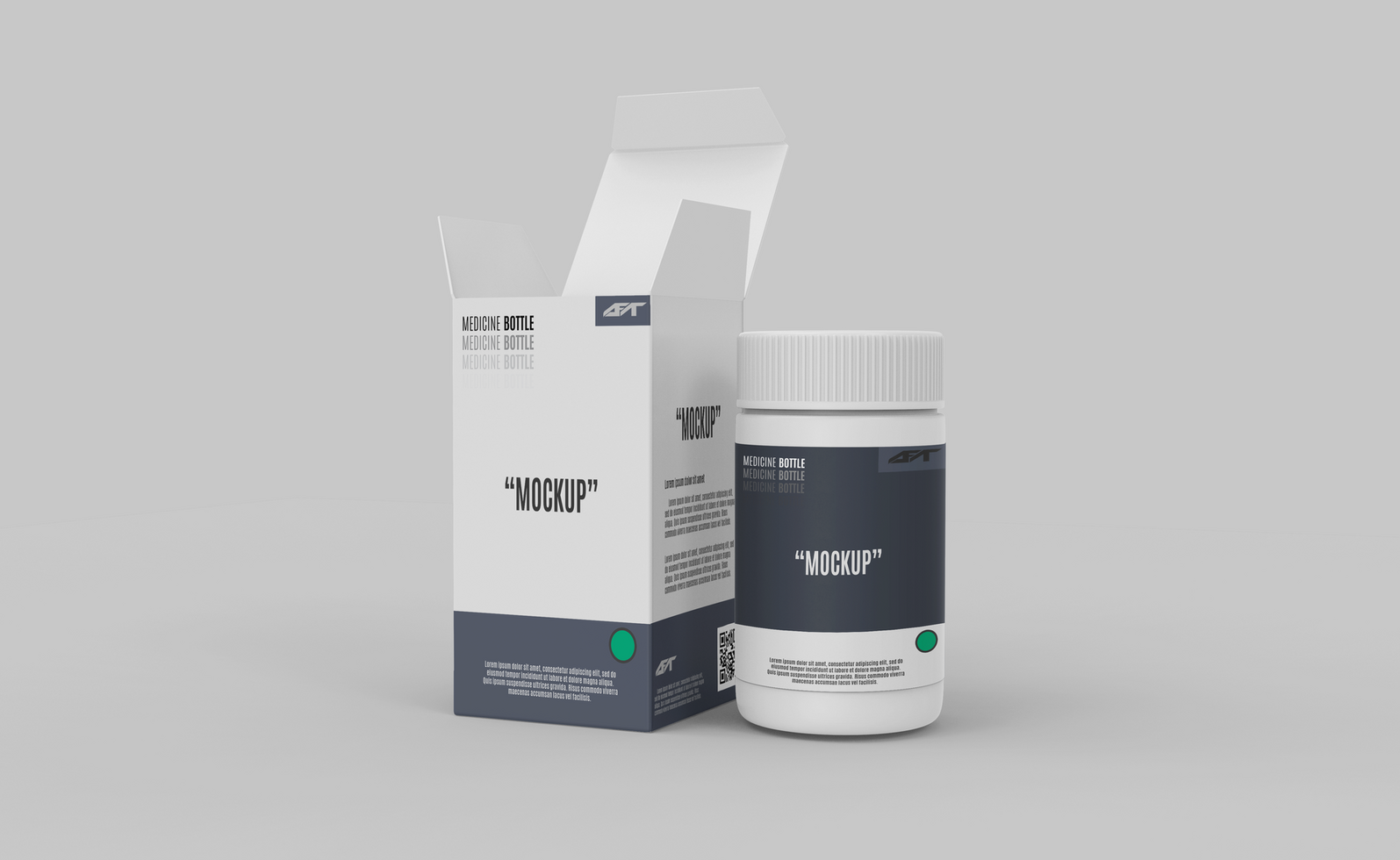 Plastic medicine bottle with opened box mockup side view psd