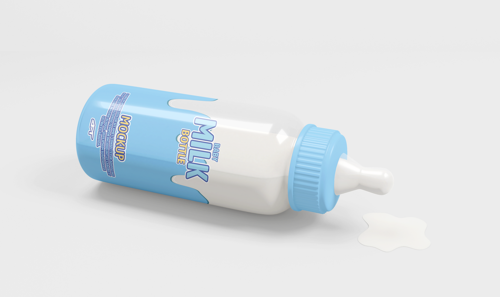 Realistic Baby Milk Bottle Mockup with Milk Droplets side view psd