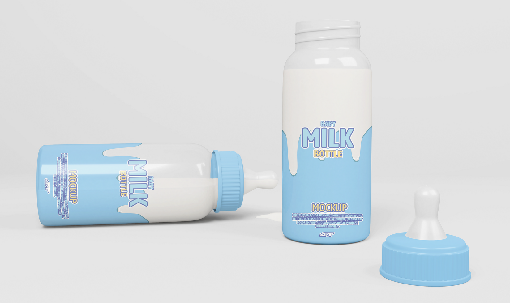 Realistic Two Baby Milk Bottles Mockup with One Cap Open psd