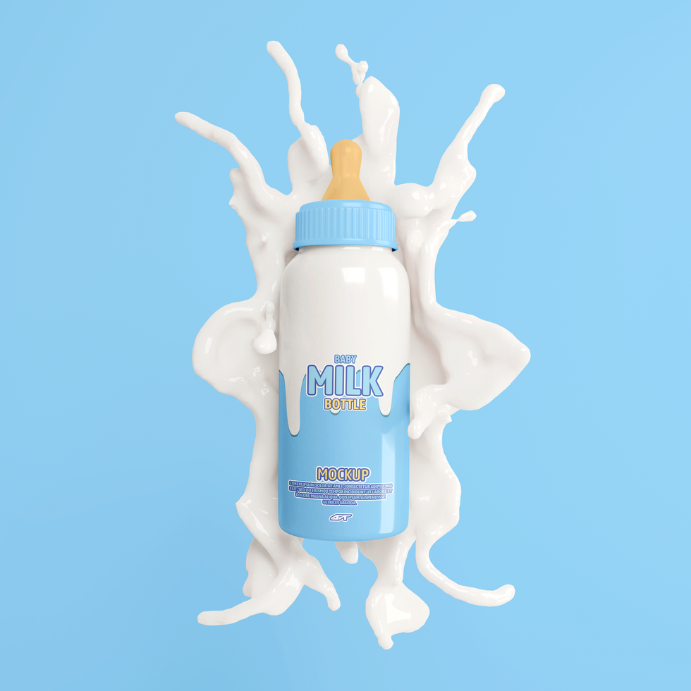 Realistic floating baby millk bottle with splash of milk front view psd