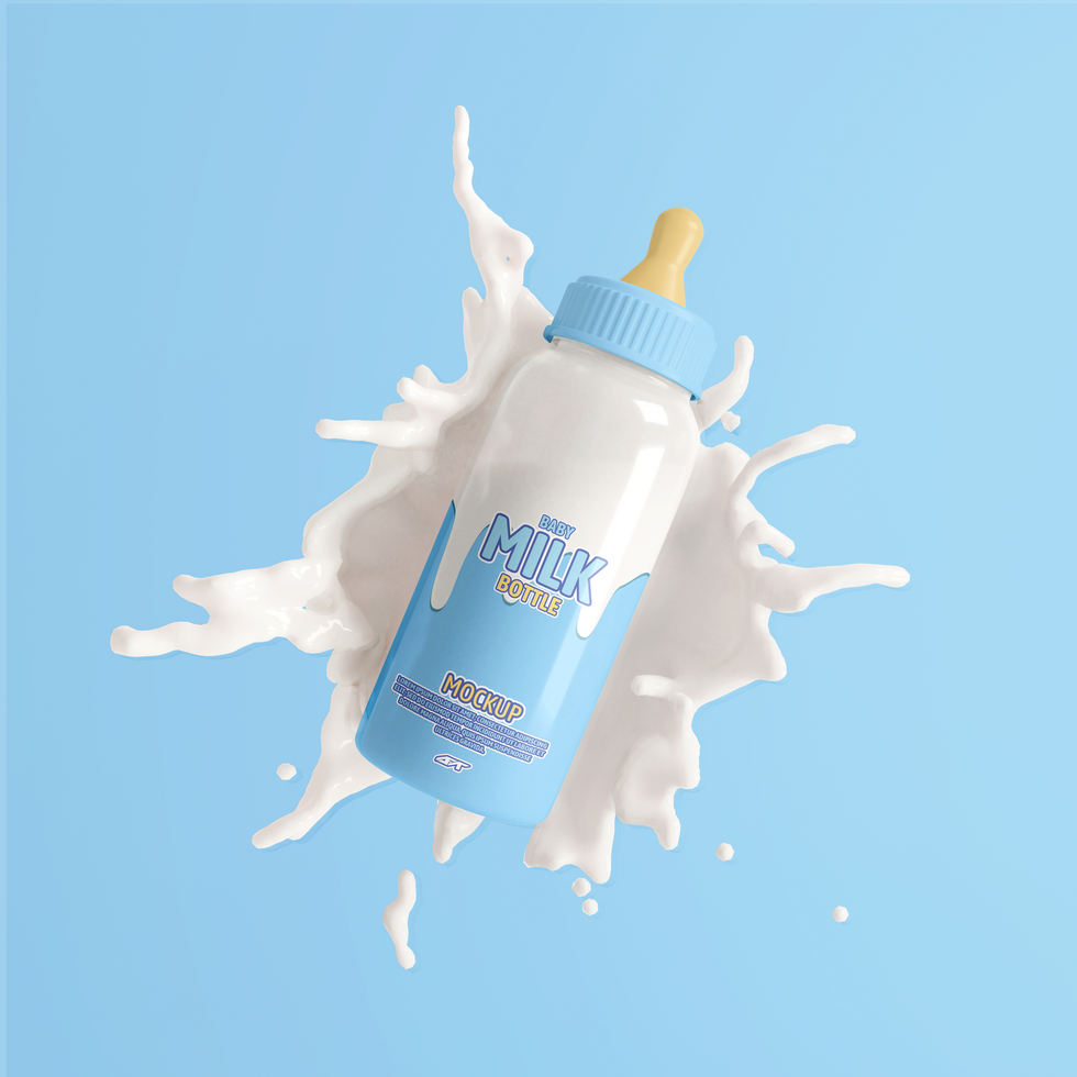Realistic floating baby millk bottle with splash of milk psd