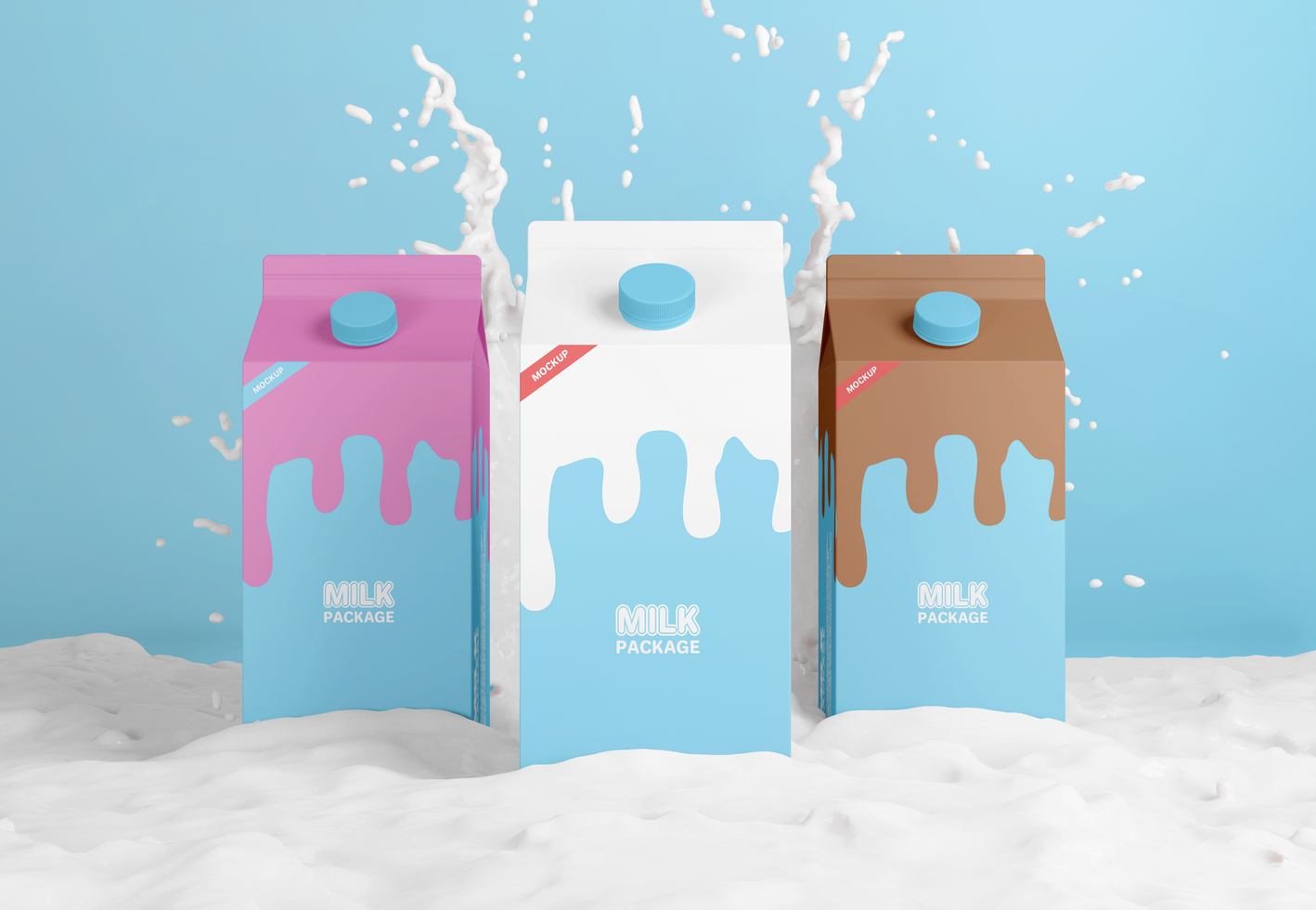Realistic three milk carton box packaging mockup with splash of milk front view psd