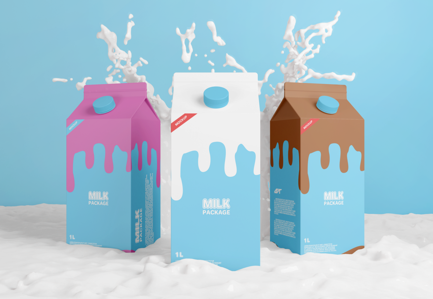 Realistic three milk carton box packaging mockup with splash of milk psd