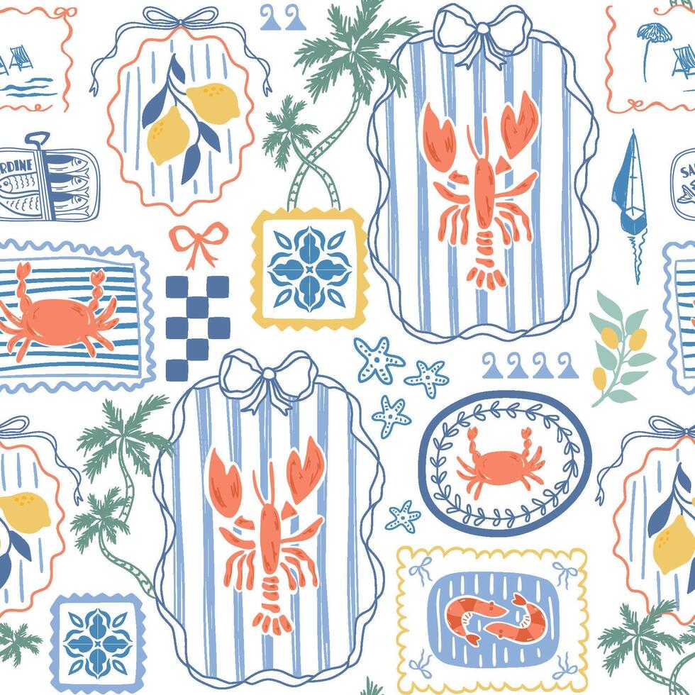 Mediterranean summer mosaic seamless pattern. Cute coastal beach wallpaper. Italian food, lobster and sardine, sailboat, bows, ribbons, checkered elements, palms. Sea background, textile design vector
