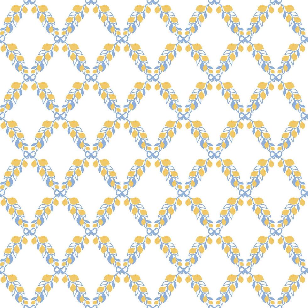 Summer trellis ornament with lemon branch. Italy vacation seamless pattern. Checkered Mediterranean wallpaper, fruit damask print, cute geometric textile design, background, wrap paper. vector