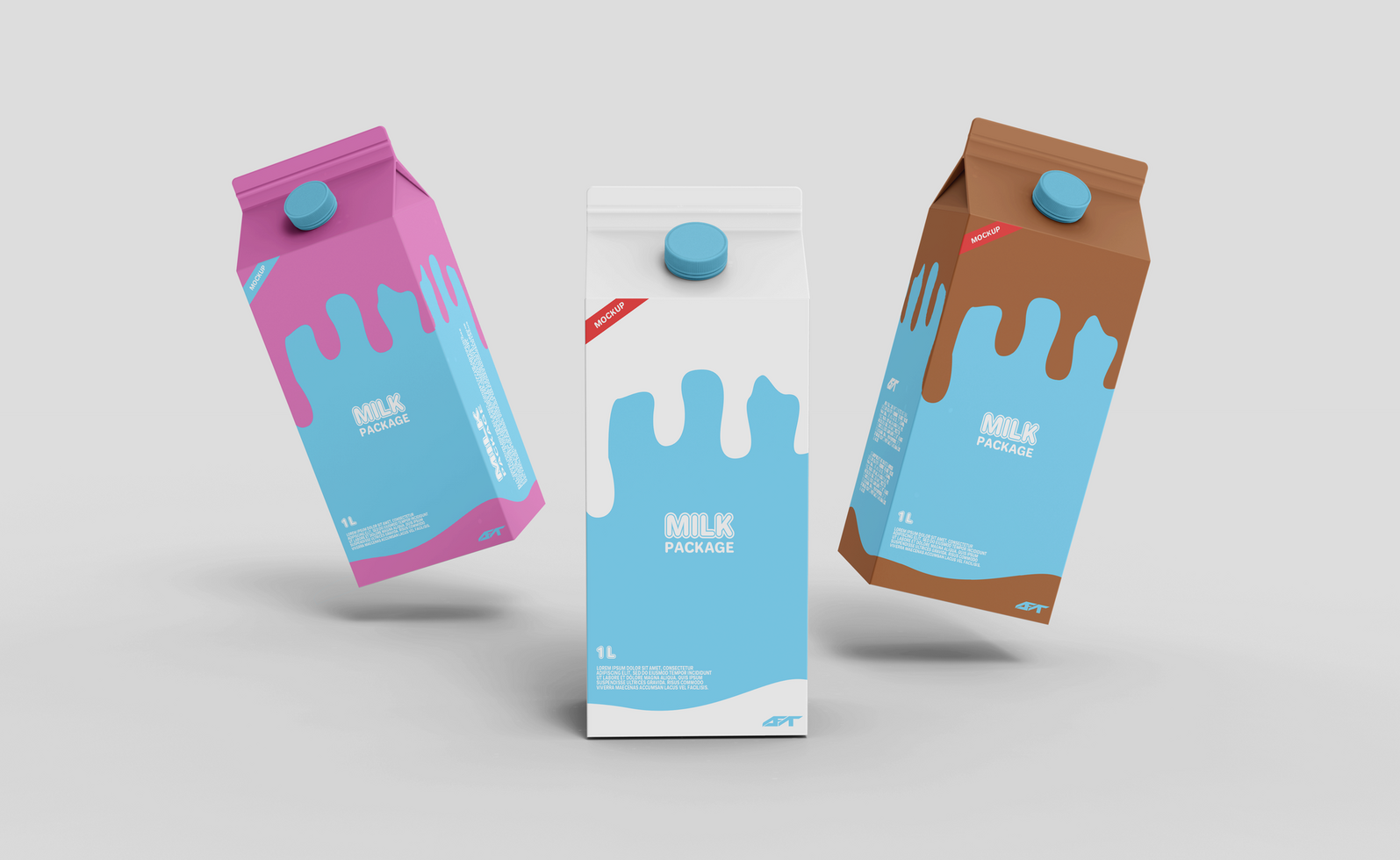 Realistic three floating milk carton box packaging mockup psd