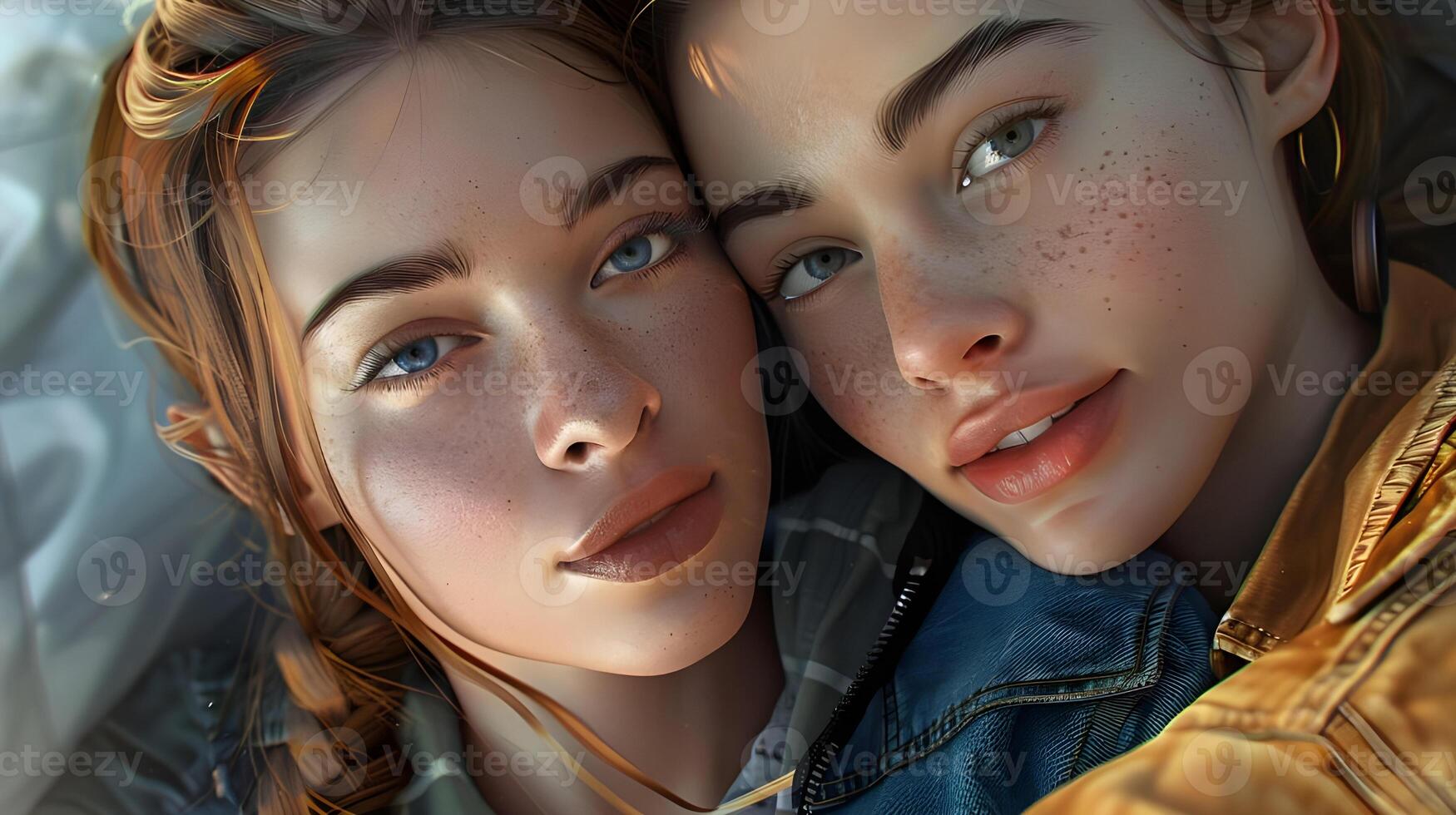 Two young women face close up photo