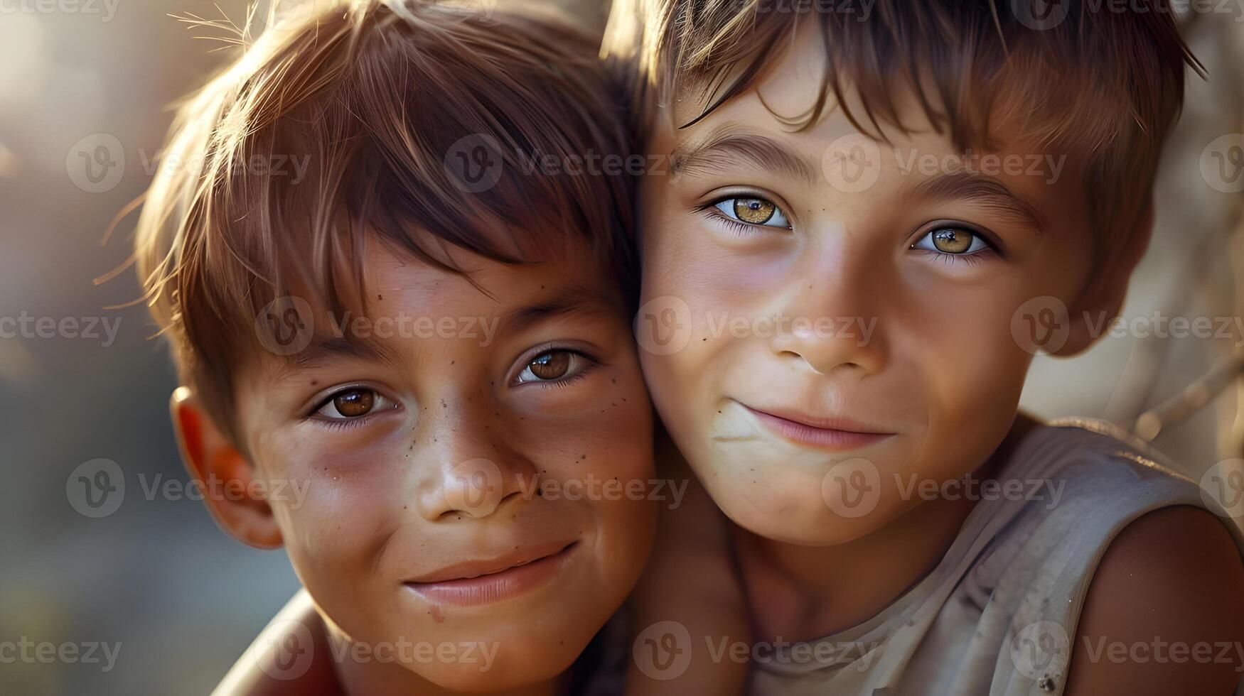 Two young boys are posing for the camera photo