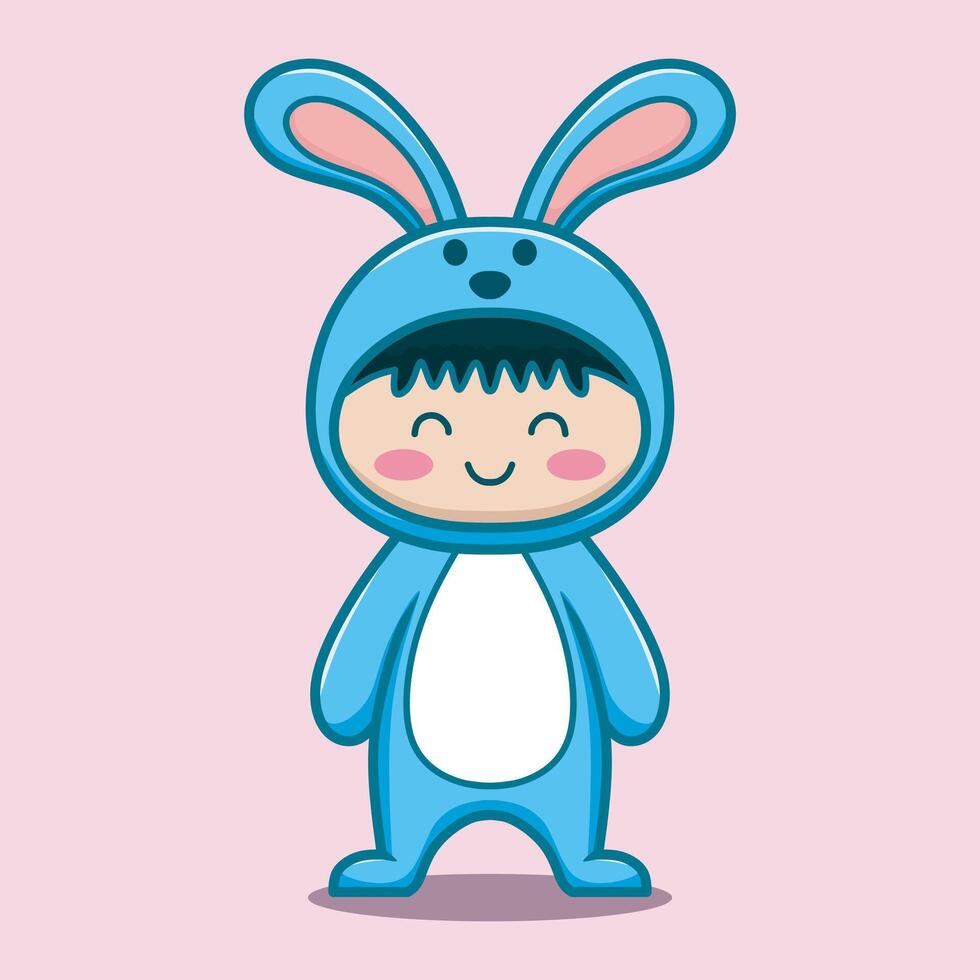 Smiling child in cute bunny rabbit costume cartoon image. vector