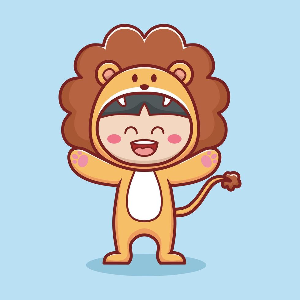 Cartoon child in lion costume , roaring and smiling pose vector
