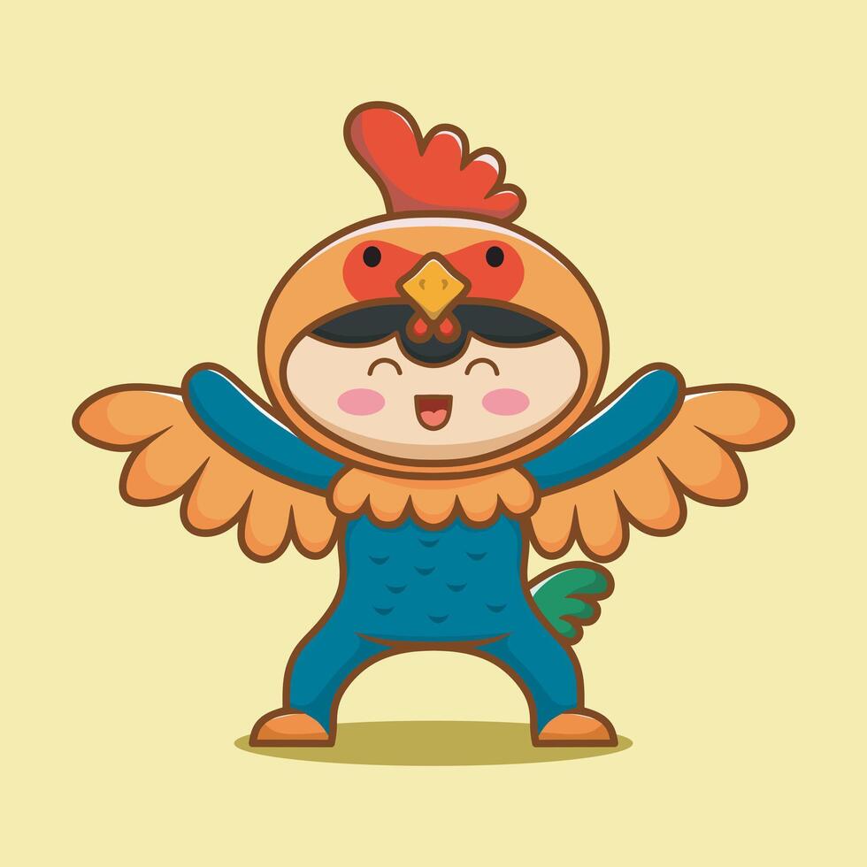 of cartoon child in funny chicken costume, cheerful expression vector