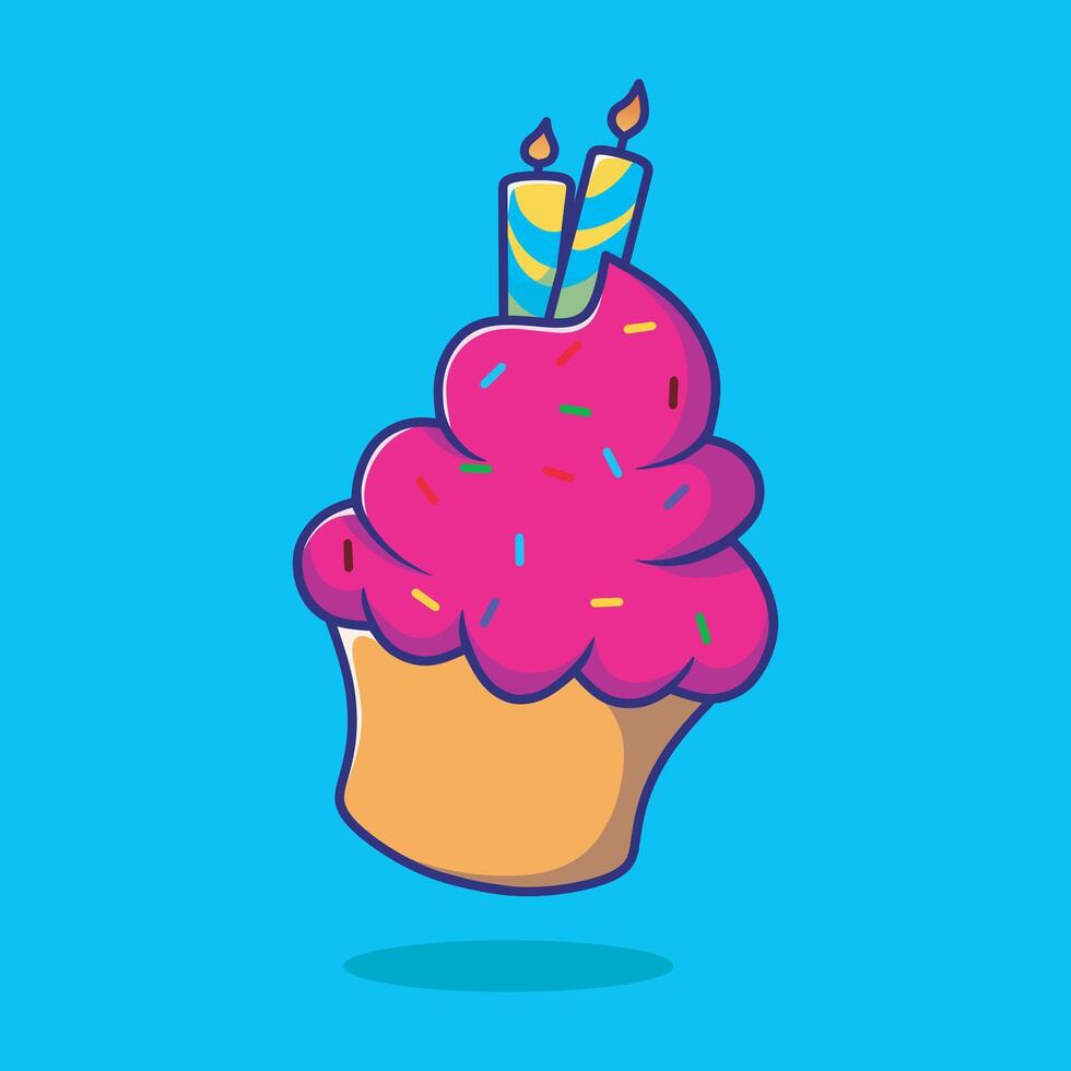 Cute cupcake with topper and birthday candles. Birthday cake . Isolated on colorful background. vector
