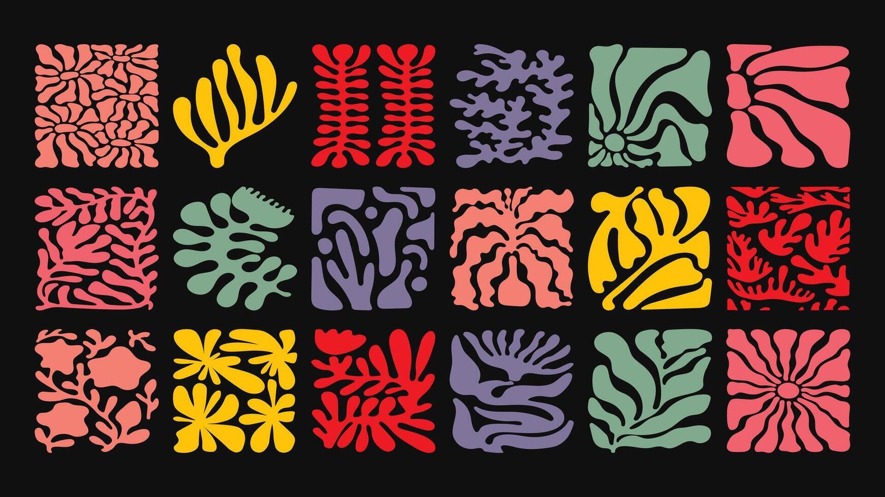 pattern with bold wavy florals, vibrant tropical plants, and groovy color splashes, retro 70s summer vibe for statement prints. vector